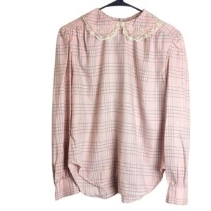 Vintage Cottagecore Pink Plaid Lace Embroidery Neckline Women's *S/M